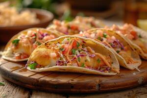 A platter of delicious tacos filled with fish, vegetables, and toppings, served on a wooden board photo