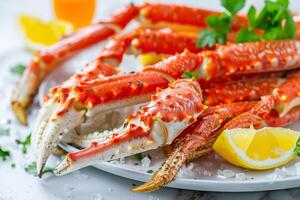 A platter of cooked crab legs garnished with lemon and herbs, ready to serve photo
