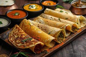 A platter of various types of dosa served with colorful chutneys and sauces photo