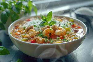A steaming bowl of shrimp and vegetable soup garnished with herbs and served with rice photo