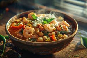 A steaming bowl of shrimp stew with vegetables and rice, showcasing vibrant colors and textures photo