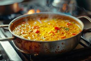 A steaming pot of colorful vegetable soup simmering on a stove photo