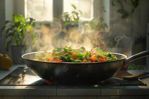 A steaming stir-fry of colorful vegetables in a pan on a stove photo