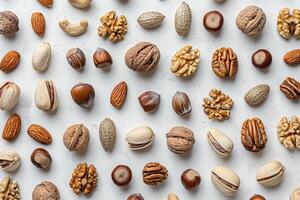 A variety of nuts arranged aesthetically on a surface photo