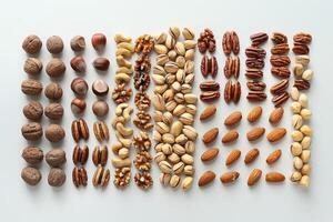 A variety of nuts arranged neatly in rows for display or culinary use photo