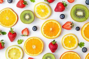 A vibrant arrangement of sliced fruits on a white background, showcasing freshness and color photo