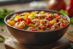 A vibrant bowl of shrimp stew with colorful vegetables, garnished with herbs photo