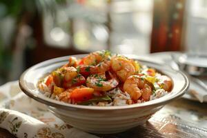 A vibrant bowl of shrimp stir-fry served over rice, showcasing fresh vegetables photo