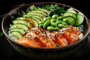 A vibrant bowl of sushi featuring salmon, vegetables, and rice, showcasing Japanese cuisine photo