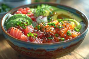 A vibrant bowl of sushi with salmon, avocado, and garnishes photo