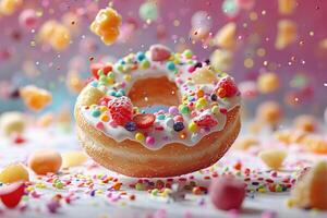 A vibrant donut topped with colorful sprinkles and surrounded by floating candies photo
