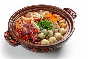 A vibrant hot pot filled with various ingredients, showcasing a communal dining experience photo