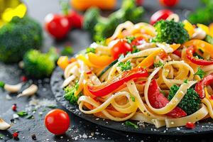 A vibrant plate of pasta with vegetables, showcasing a healthy meal option photo