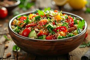 A vibrant quinoa salad with fresh vegetables and nuts in a wooden bowl photo