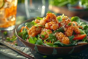 A vibrant salad with crispy chicken, garnished with sesame seeds and fresh vegetables photo