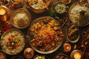A vibrant spread of various traditional dishes and ingredients on a wooden table photo