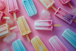 Colorful ice pops arranged on a pink background, evoking a fun and refreshing summer vibe photo