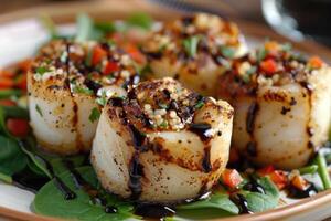 Grilled scallops served on a bed of greens with diced vegetables and balsamic drizzle photo