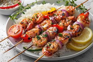 Grilled shrimp skewers served on rice with vegetables and lemon photo