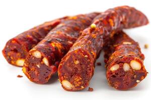 Slices of spicy sausage with visible seeds, showcasing a rich red color and texture photo