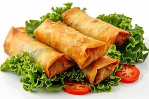 Three crispy spring rolls served on a bed of lettuce and garnished with tomato slices photo
