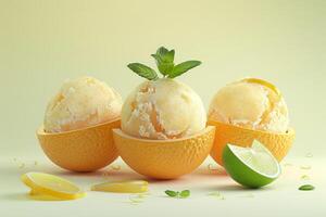 Three scoops of lemon-flavored ice cream in orange halves, garnished with mint leaves. photo