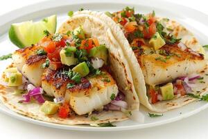 Two tacos filled with grilled fish, fresh vegetables, and garnished with cilantro and lime photo