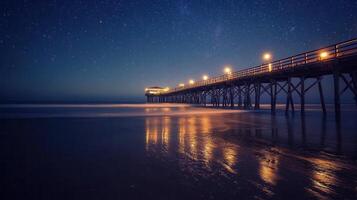 A serene night scene of a pier illuminated by lights under a starry sky. photo