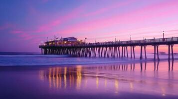 A serene pier at sunset with vibrant colors reflecting on the water photo