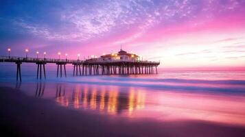 A serene pier at sunset, reflecting vibrant colors on the water photo