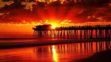 A stunning sunset over a pier, reflecting on the water with vibrant colors and silhouettes photo