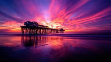 A stunning sunset over a pier, reflecting vibrant colors on the water photo