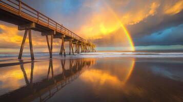 A stunning sunset with a rainbow over a pier, reflecting on the wet sand photo