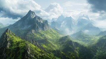 A breathtaking mountain landscape with lush greenery and dramatic peaks under a cloudy sky. photo
