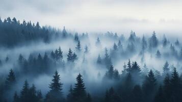 A misty forest landscape shrouded in fog, creating a serene and mysterious atmosphere photo