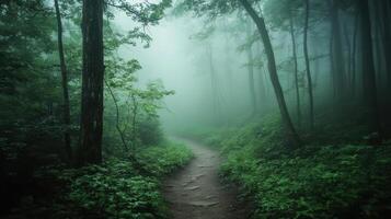 A misty forest path surrounded by lush greenery, evoking a sense of tranquility and mystery photo