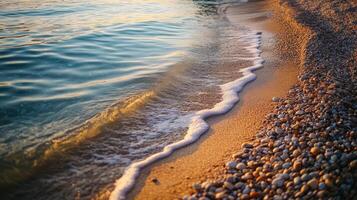 A serene beach scene with gentle waves lapping against a sandy shore photo