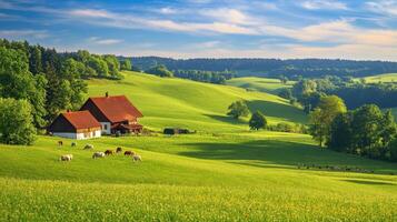 A serene countryside landscape featuring a farmhouse and grazing cattle in lush green fields photo