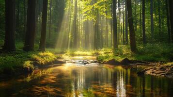 A serene forest scene with sunlight filtering through trees, reflecting on a tranquil stream photo
