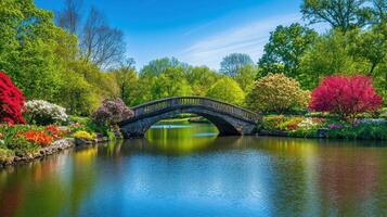 A serene garden scene featuring a stone bridge over a tranquil pond surrounded by vibrant flowers photo