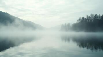 A serene lake shrouded in mist, reflecting the surrounding mountains and trees photo