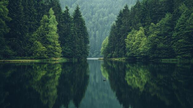 A serene lake surrounded by lush green trees reflecting in calm waters photo