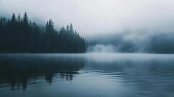 A serene lake surrounded by misty forests, reflecting a tranquil atmosphere photo