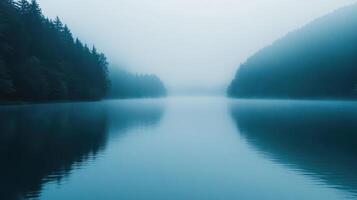 A serene lake surrounded by misty mountains, reflecting calm waters photo