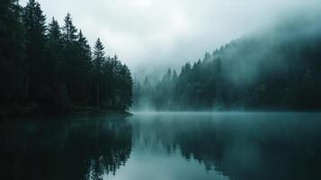 A serene lake surrounded by misty forests, reflecting nature's tranquility photo