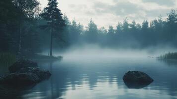 A serene lake surrounded by trees and mist, creating a tranquil atmosphere photo
