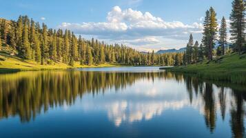 A serene lake surrounded by trees and mountains, reflecting clouds in the water photo