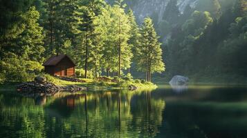 A serene lakeside scene featuring a cozy cabin surrounded by lush trees and calm waters photo