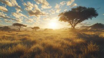 A serene landscape at sunset with tall grass and scattered trees under a colorful sky photo