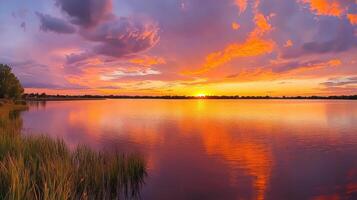 A serene sunset over a calm lake, reflecting vibrant colors in the sky and water photo